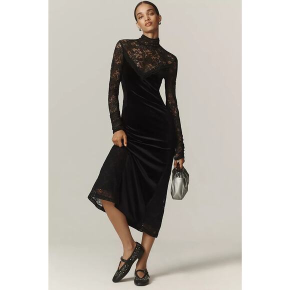NWT Anthropologie Long-Sleeve Mock-Neck Lace Velvet Slip Midi Dress $170 SMALL - Picture 1 of 8